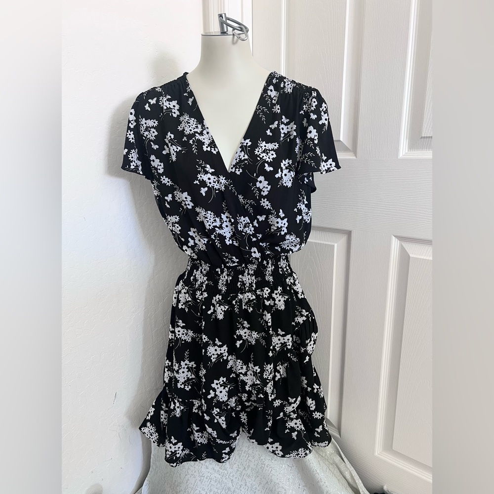 Michael Kors Womens Black Floral Short Sleeve A-Line Dress Size Medium